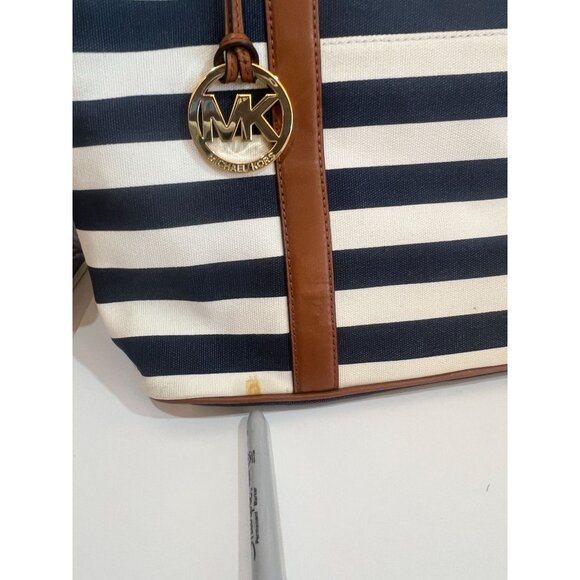 Michael Kors Striped Shoulder Bag Tote Purse Navy White Tan Leather Trim nautica - Picture 10 of 11